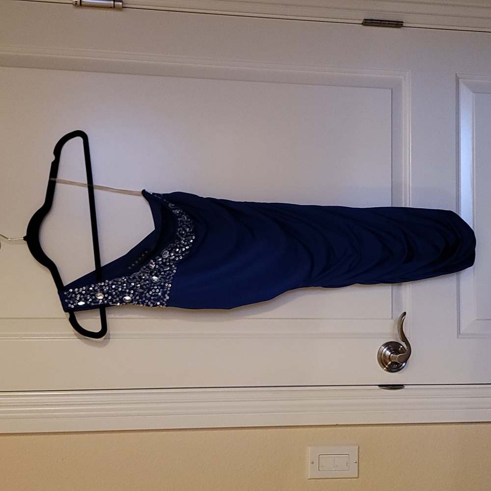 Navy blue and rhinestone one shoulder cocktail dress